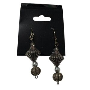 Boho Silver Tone Ribbed Bead Dangle Earrings Southwestern Style